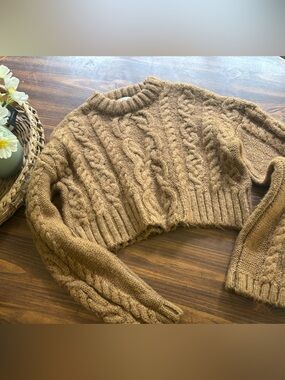 Zara Camel Cable Knit Sweater | Chunky Cropped Mock Neck | Small
